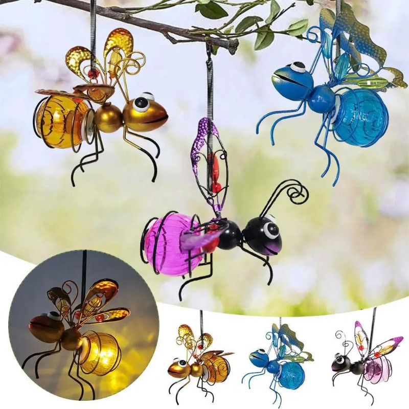 Outdoor Lighting Art - Solarbetriebene Insektenstatue aus Eisen mit LED-Lichterkette,
