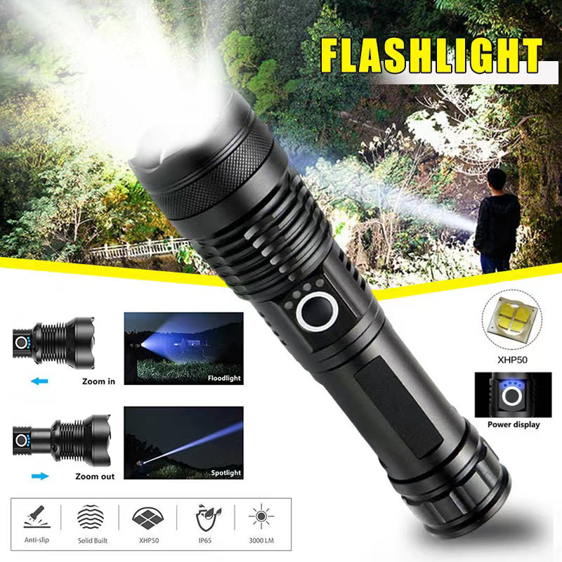 Outdoor Lighting Construction - Hochleistungs-XHP70-LED-Taschenlampe, wiederaufladbar, USB-C-Taschenlampe, zoombare Handlaterne, wasserdichte